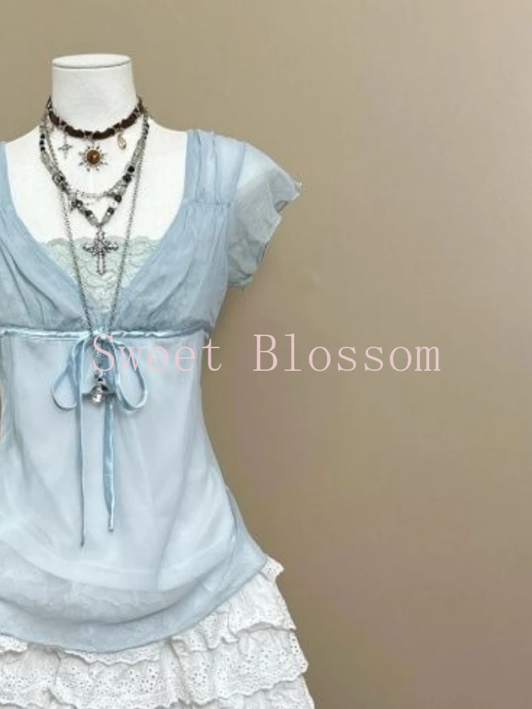 Conjunto de 2 piezas liso Vintage japonés para mujer, Tops falsos de dos piezas + Mini falda con forma de pastel, trajes de verano Retro ajustados de Hada Kawaii JK