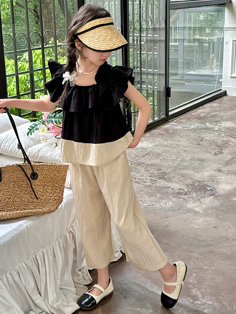 Girls Suits Summer 2024 New Style Small Flying Sleeve Color Matching Set Big Child Doll Shirt Wide Leg Trousers Casual Pants