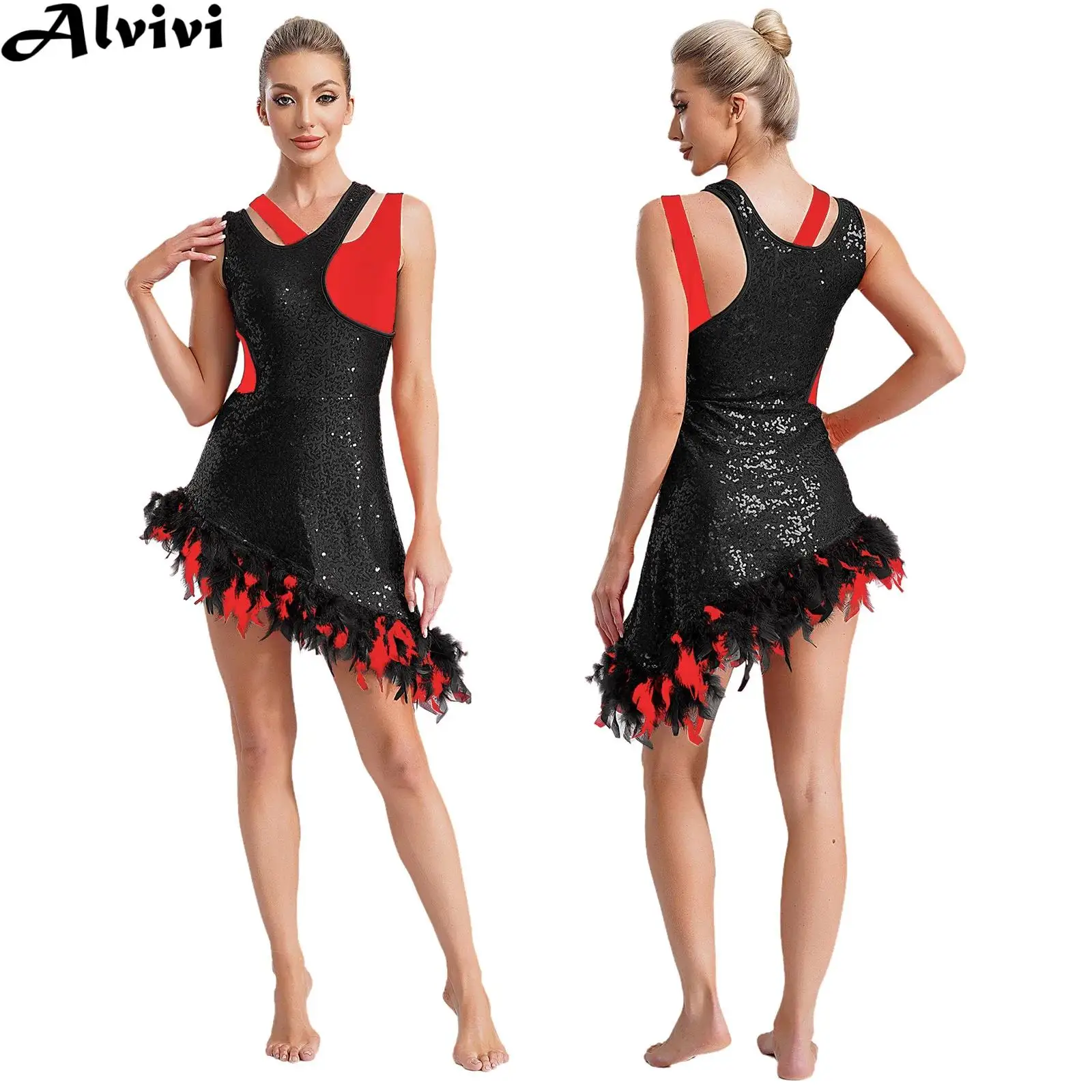 Women Jazz Latin Dance Performance Costume Sleeveless Feather Trim Shiny Sequin Leotard Dress for Cha-cha Tango Samba Rumba