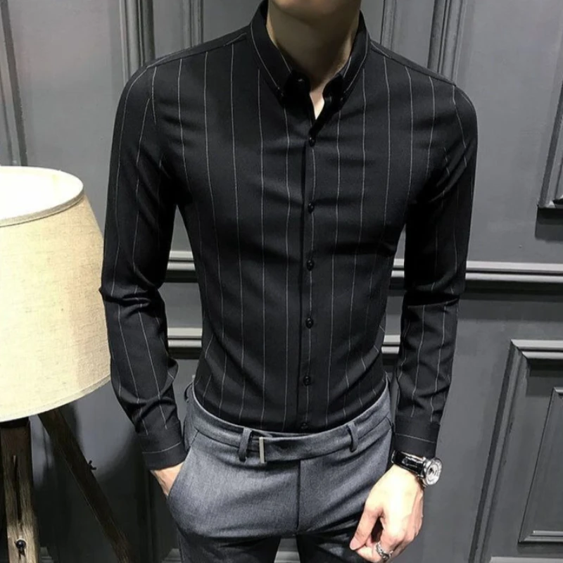 New Men's Casual Shirt Long Sleeve Non Iron Korean Trendy Vertical Stripe Slim Fit Black Business Wear
