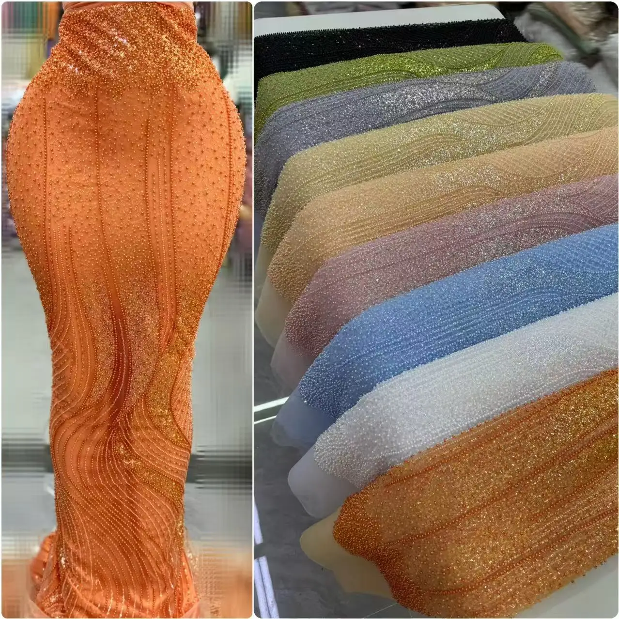 

African Beaded Lace Net Fabric,Nigerian Wedding Material,Luxury Beads Fabrics for Dress Sewing, High Quality,5 Yards,2025 VJ6348