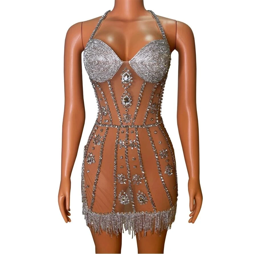 Franja de diamantes de luxo feminino com decote em v Mini vestido sem mangas, vestido bege magro, boate sexy moda, festa de celebridades, novo