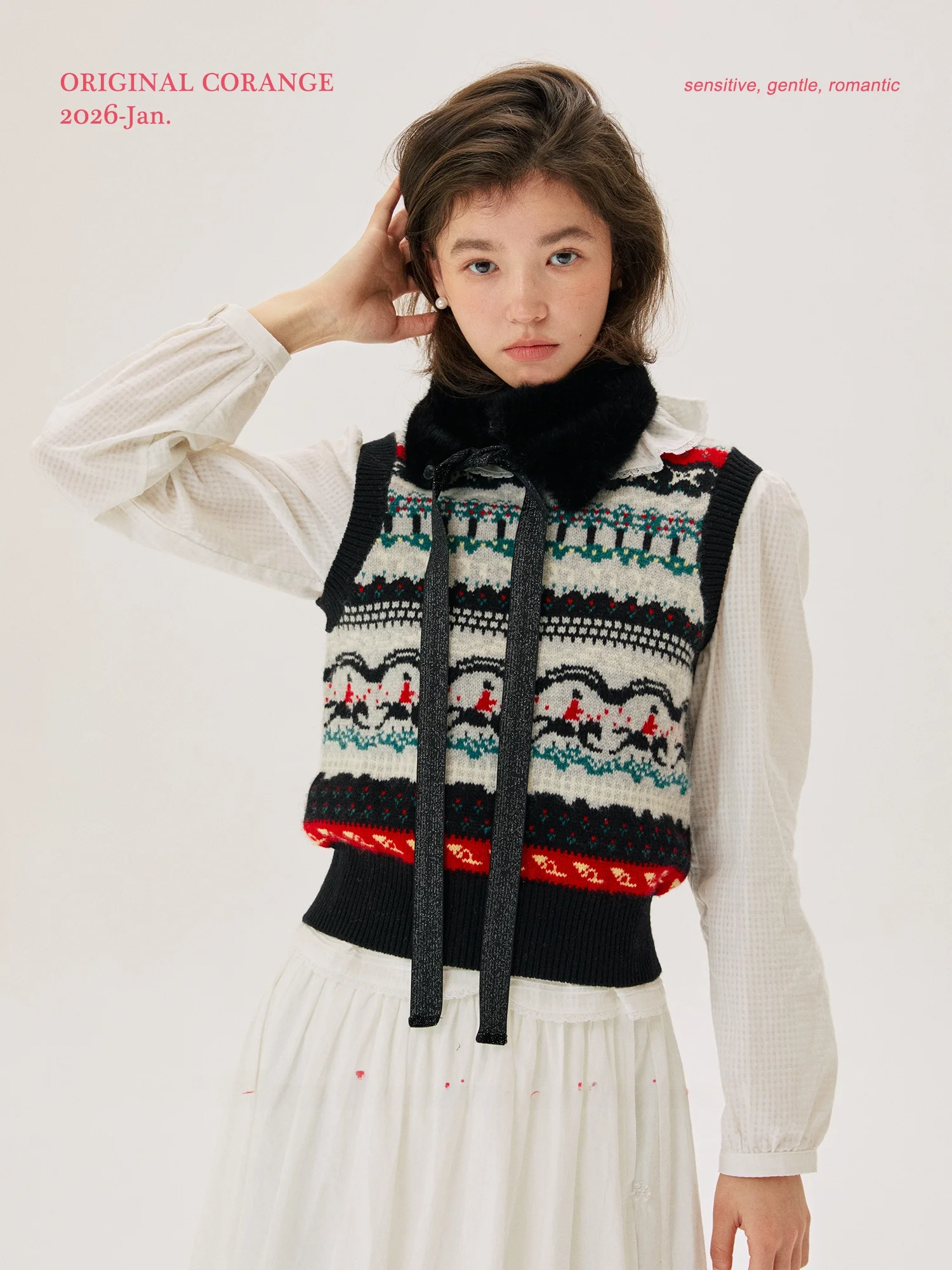 

Corange 'Little Knight' Vintage Colored Fair Isle Knitted Wool Vest Soft Long Sve Women's Faion Winter Sweater
