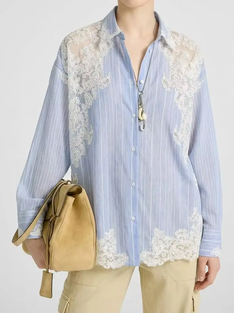 

Blue Striped Women Cotton Blouse Top Lace Patchwork Turn-down Collar Single Breasted Long Sleeve Casual Female Shirt