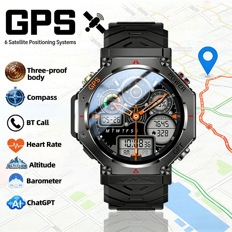 

Смарт-часы 2026 года с GPS для мужчин и женщин, 1.39'', с компасом, фонариком, трекером для активного отдыха, Bluetooth-звонками и монитором сердечного ритма
