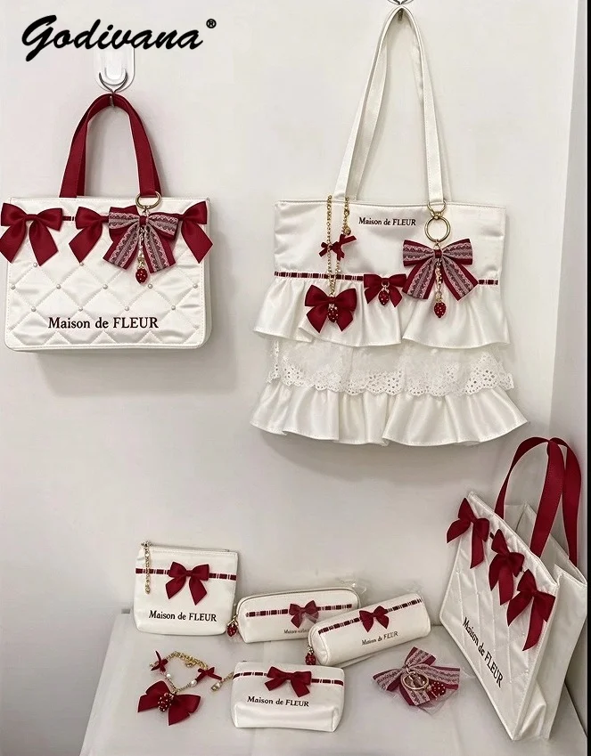 Japanese New Cute Strawberry Bowknot Tote Handbag Shoulder Bag Cosmetic Pouch Pen Case Chain Charm Keychain Lolita Accessory