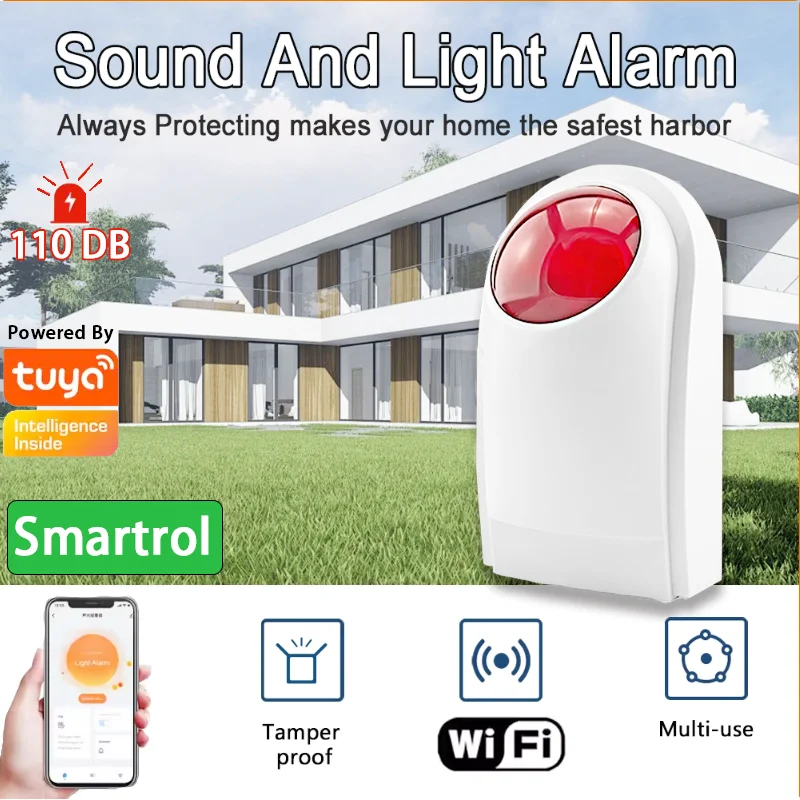 Smartrol WiFi 110dB High Decibel Outdoor Siren Strobe Light Sensor Home Security System Sound Alarm System for Tuya Smart Life