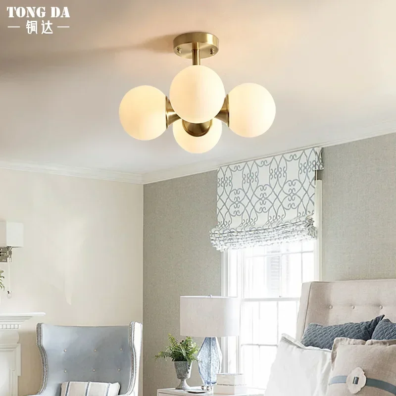 Nordic Creative LED Ceiling Lamp - White Glass Ball Lampshade with Copper Accent - E27 Hanging Light for Living Room Home Decor