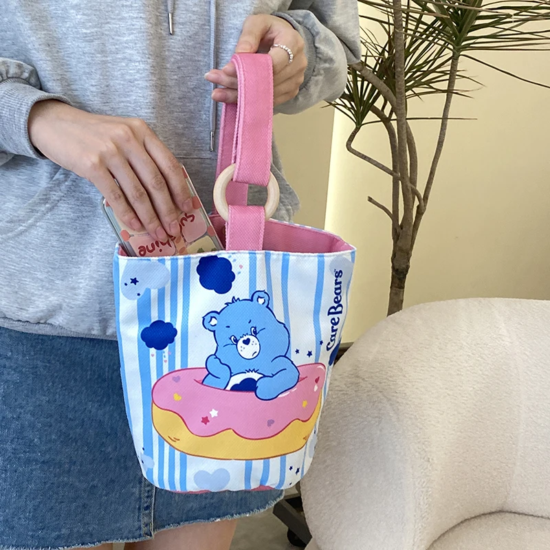 Kawaii Care Bears Portable Handbag Single Shoulder Canvas Bag Dopamine Versatile Bucket Bag Cosmetic Bag Storage Bag For Girls