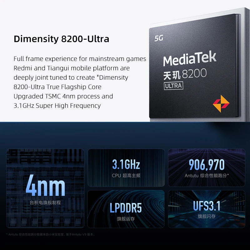 Redmi Note 12T Pro ROM Global, Dimensão 8200, Display LCD Ultra 140Hz, Câmera Tripla 64MP, Bateria 5080mAh, Carregamento 67W