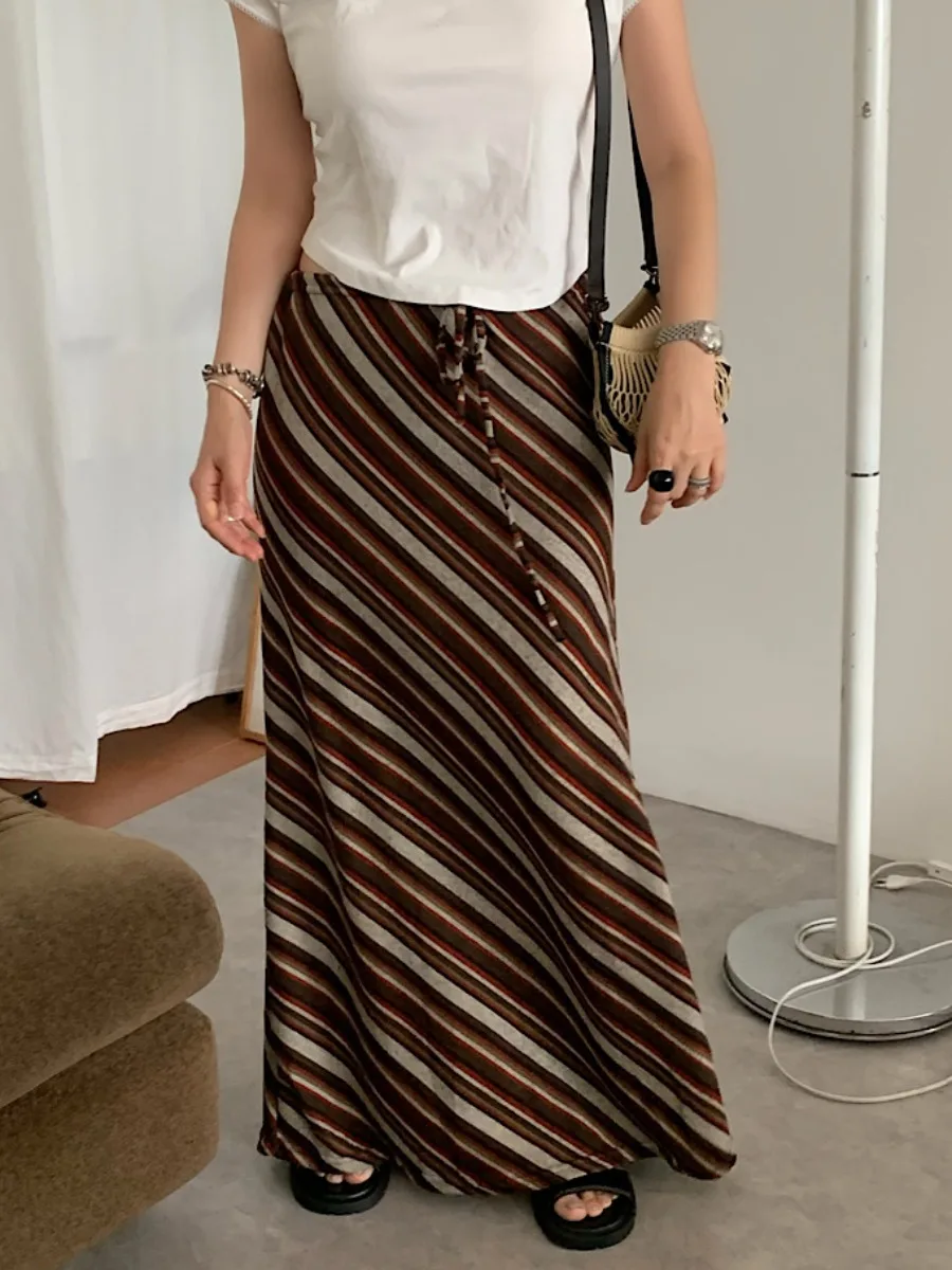 

Ретро-юбка с диагональными полосками ручной работы, с завышенной талией, женская, для ранней весны, свободная, универсальная, прямая, длинная юбка