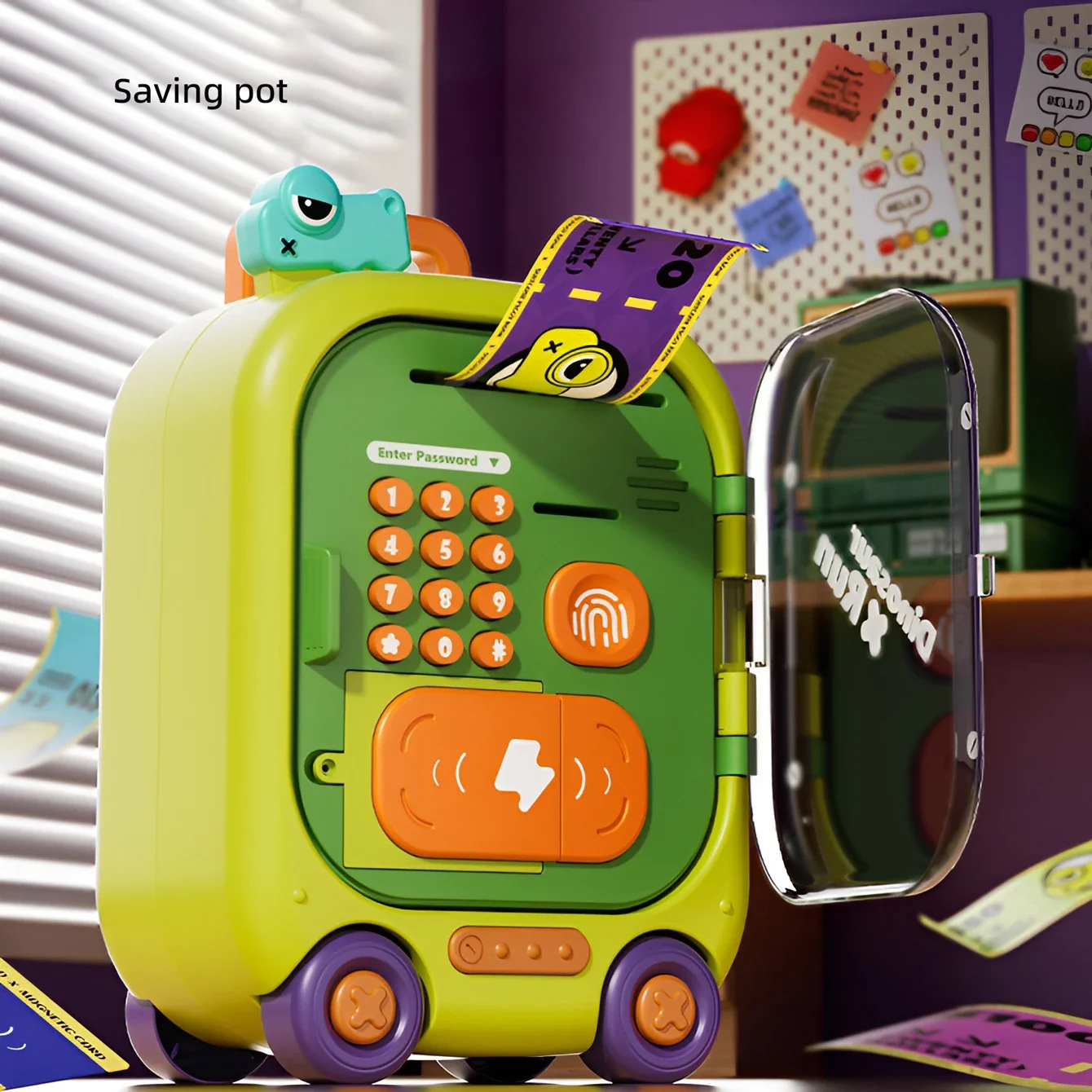 Grote 2in1 Auto-rolling Geld Wachtwoord Veilig Creatieve Dinosaurus Elektronische ATM Spaarpot Kinderen Fantasiespel Voorschoolse Speelgoed