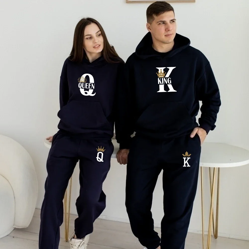 Lovers Couple KING QUEEN Print Hoodie Suits 2 Piece Hoodie and Pants Men Women Hoodie Set Tops Classic Fashion Sportwear Outfit