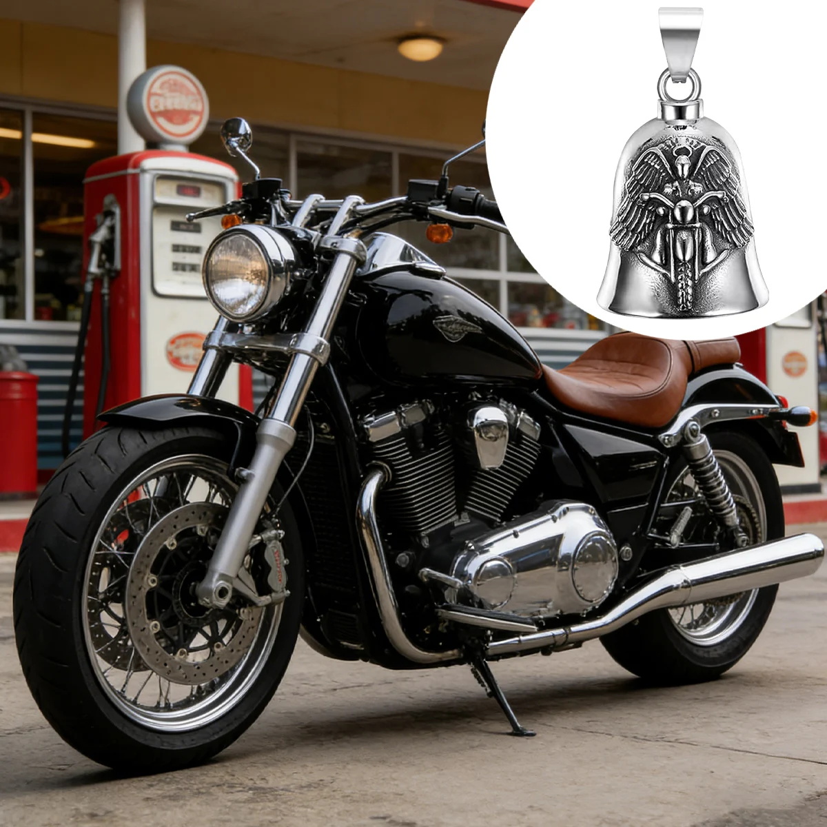 Retro-style metal motorcycle pendant, with a bell-shaped design engraved with a winged motorcycle pattern.