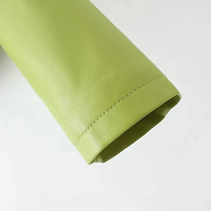 KEANKETIAN 2024 nueva chaqueta de piel sintética verde claro para mujer abrigo corto Otoño/Invierno cremallera asimétrica prendas de vestir exteriores de PU Top corto