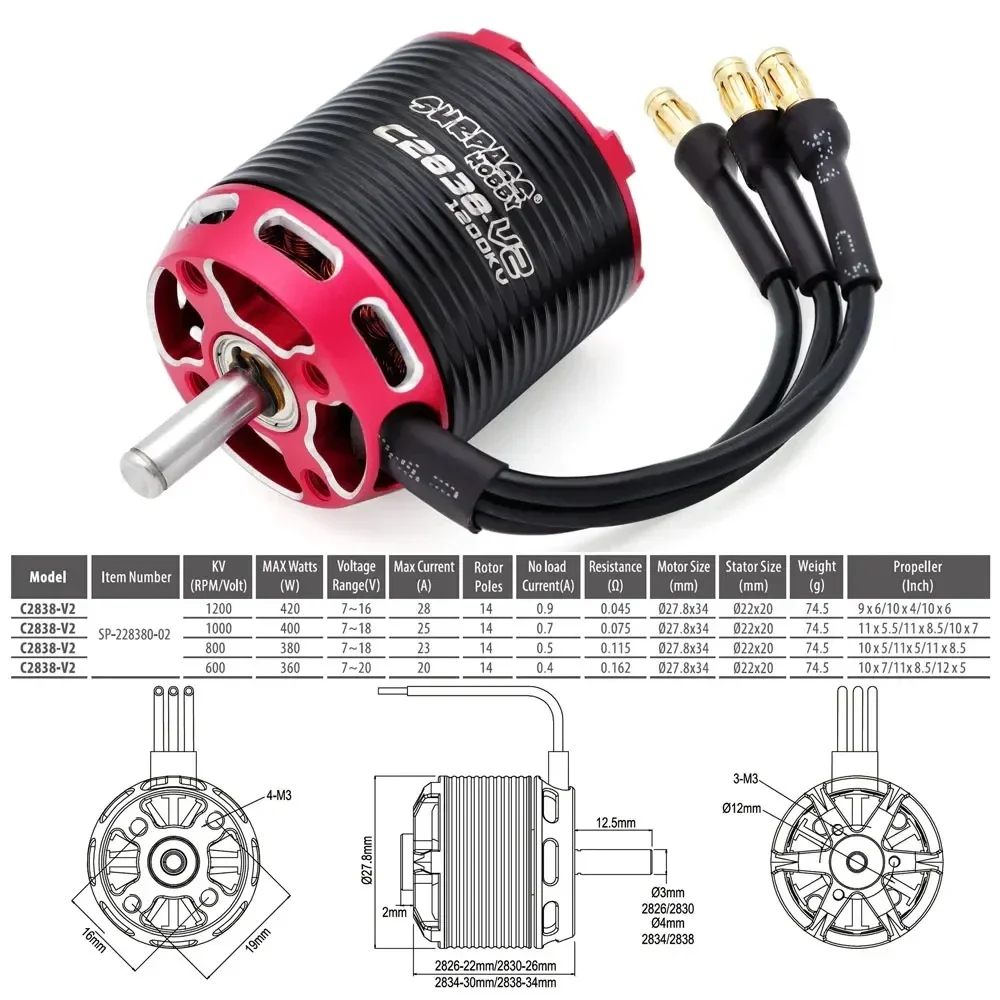 Moteur Outrunner C2826 1000KV Sans Balais – 220W, Arbre 3mm – Pour Drone RC Et Avion à Voilure Fixe