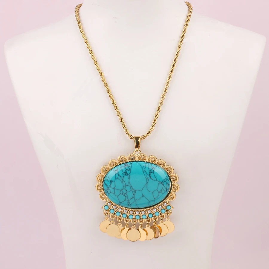 

Classic Blue Stone Pendant Necklace Gold Plating Slide Chain Necklace for Girls Ethnic Kurdish Wedding Jewelry Bijoux Women