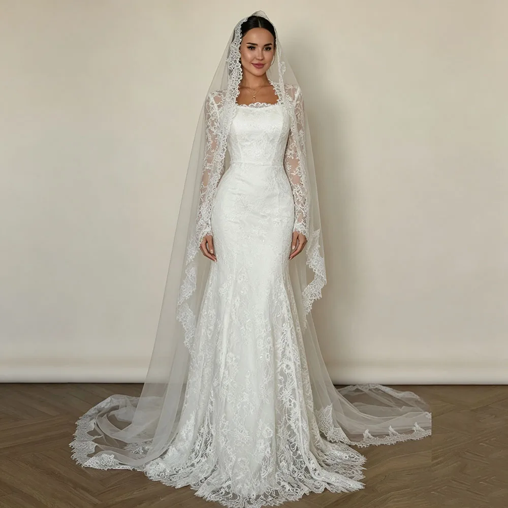Eightale Arabisches Hochzeitskleid, maßgeschneidert, elfenbeinfarben, bodenlang, muslimisches Spitzenkorsett, lange Ärmel, Brautkleid, Partykleid