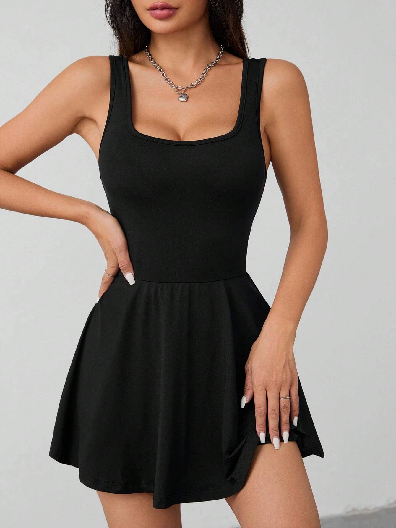 Women's Sexy Elegant Black party & casual dress - Stretchy A-Line skirt, Low Neckline, Machine Washable Formal & Everyday Outfit - view 4