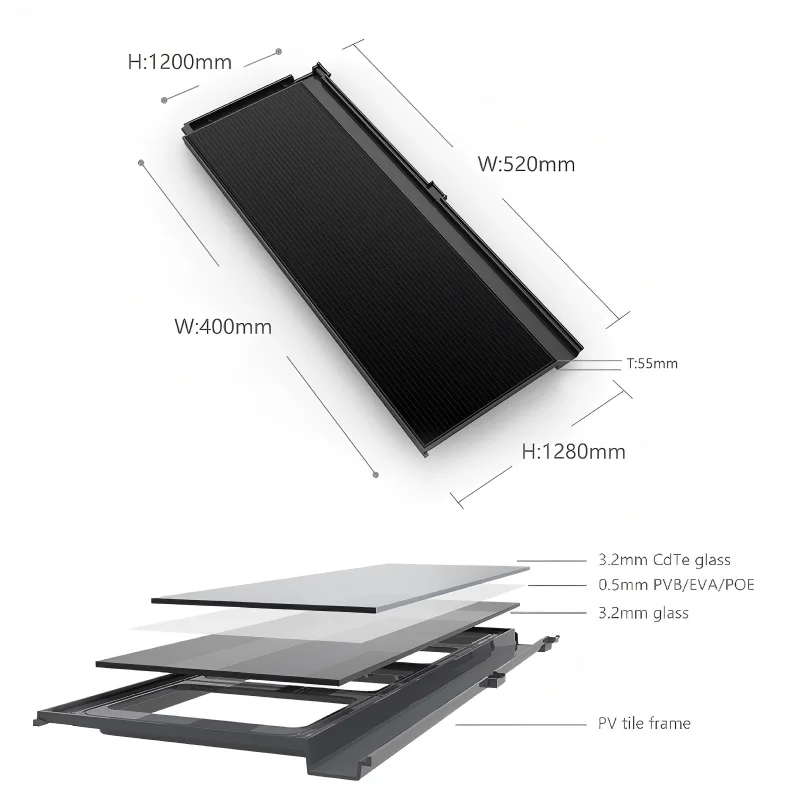 Slope Retrofit Durable Double Glass S-Si 1200x400mm Industrial Grade BIPV Solar Roof Tiles High Efficiency Modules for Flat