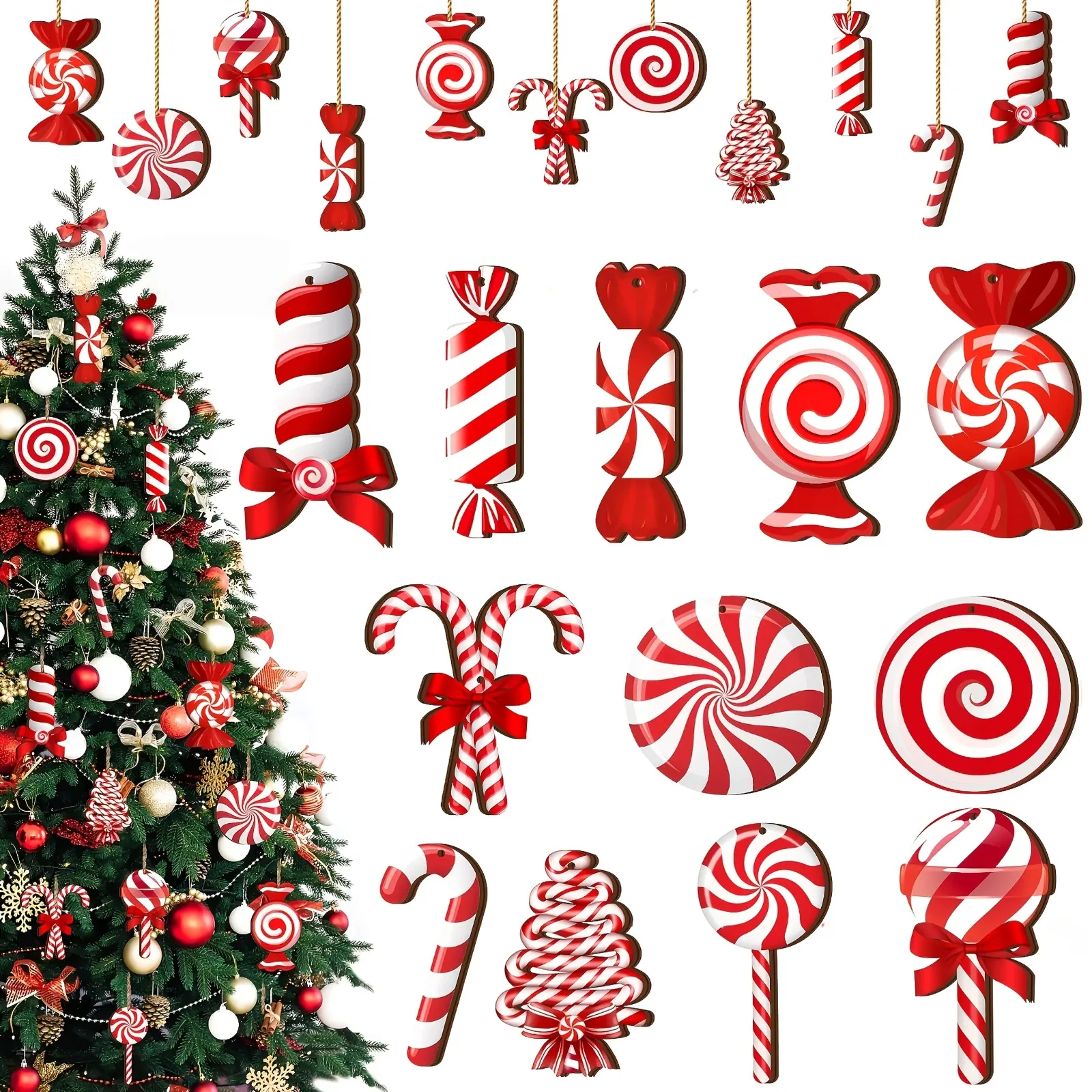 12/24 Stück rot-weiße Weihnachts-Zuckerstangen-Holzornamente zum Aufhängen, Pfefferminzstock-Anhänger für Weihnachtsbaum, Neujahr, Heimdekoration