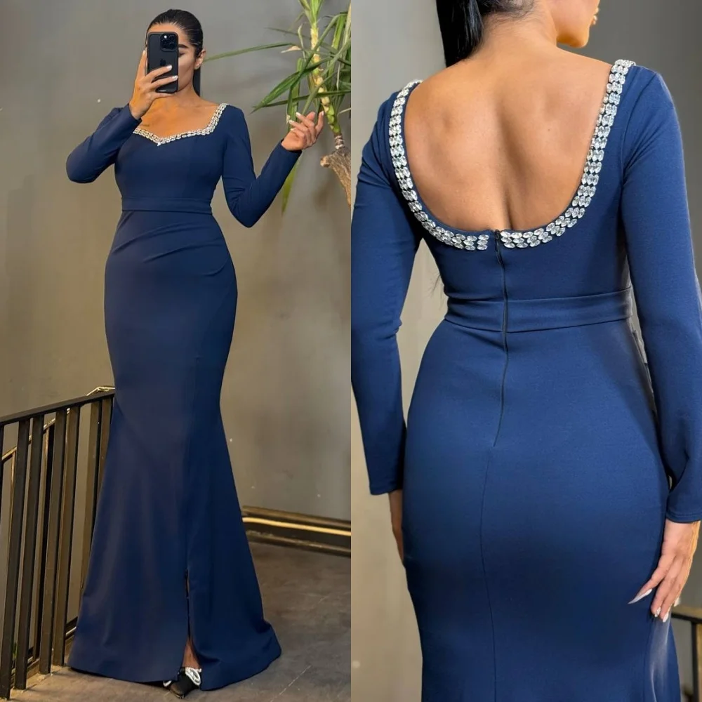 

Customized Modern Style Formal Jersey Rhinestone Pleat Mermaid Square Neck Long Dresses Bespoke Occasion Dresses Sizes Available