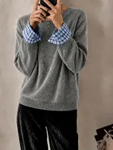 Suéter de Punto con Diseño de Dos Piezas y Puños a Cuadros, Holgado, Informal, Versátil, para Otoño e Invierno, Elegante y a la Moda