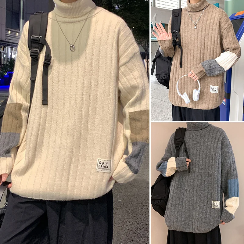 

Solid Turtleneck Sweater Men Spring Autumn Pullover Top Lightweight Sweatshirt Long Sleeve Ribbed Knitted Basic Stretch Knitwear