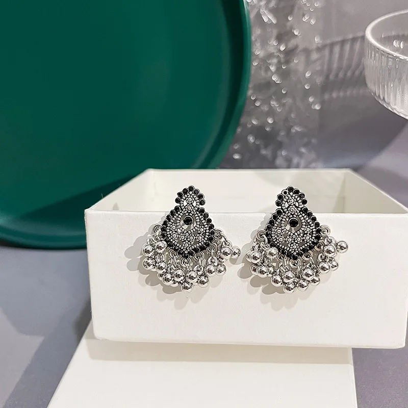

Retro Tassel Texture Color Blo Drop Earrings Women's Faion Jewelry Alloy Embedded Artificial Gemstone round Ethnic Sle