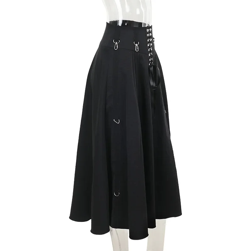 Goth Dark Acubi Fashion Black Swing A-line Skirt Punk Grunge Metal Buckle Streetwear Bandage Skirts Mall Gothic Alt Clother