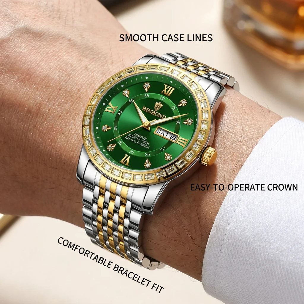 1pc Fashion Men's Watch with Green Dial, Roman Numerals, Dual Calendar, Two-Tone Strap, Exquisite Bezel, Trendy and Vers