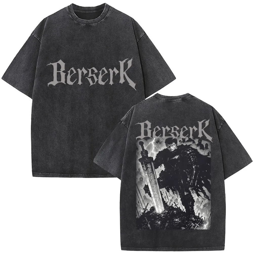 Limted Washed Anime Berserk Guts T-shirt Harajuku Manga Gatsu Griffith Zodd O-Neck Tee Shirt Men Women Cotton Casual Loose Tees view 6