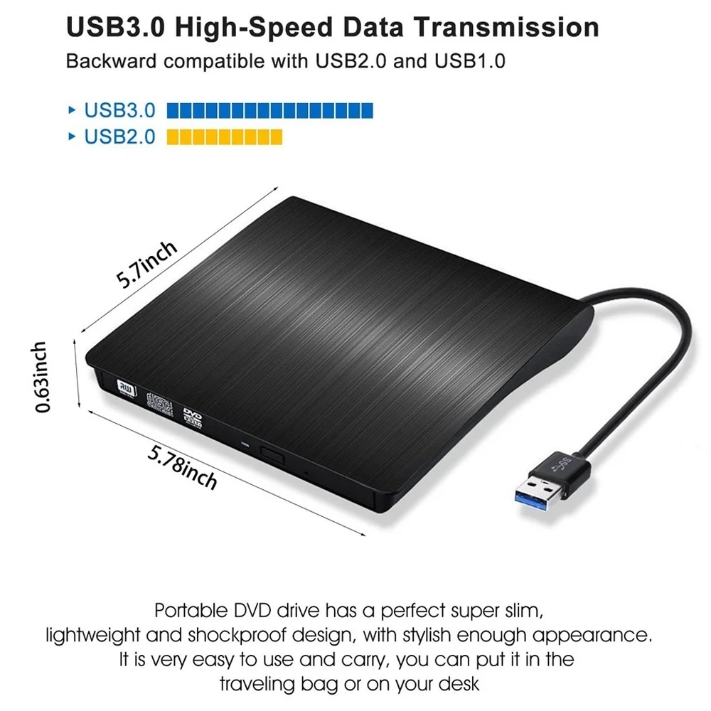 External CD DVD Drive USB 3.0 Portable Optical Drive Slim CD DVD RW Burner Writer Player Reader For Laptop Desktop PC Mac Linux