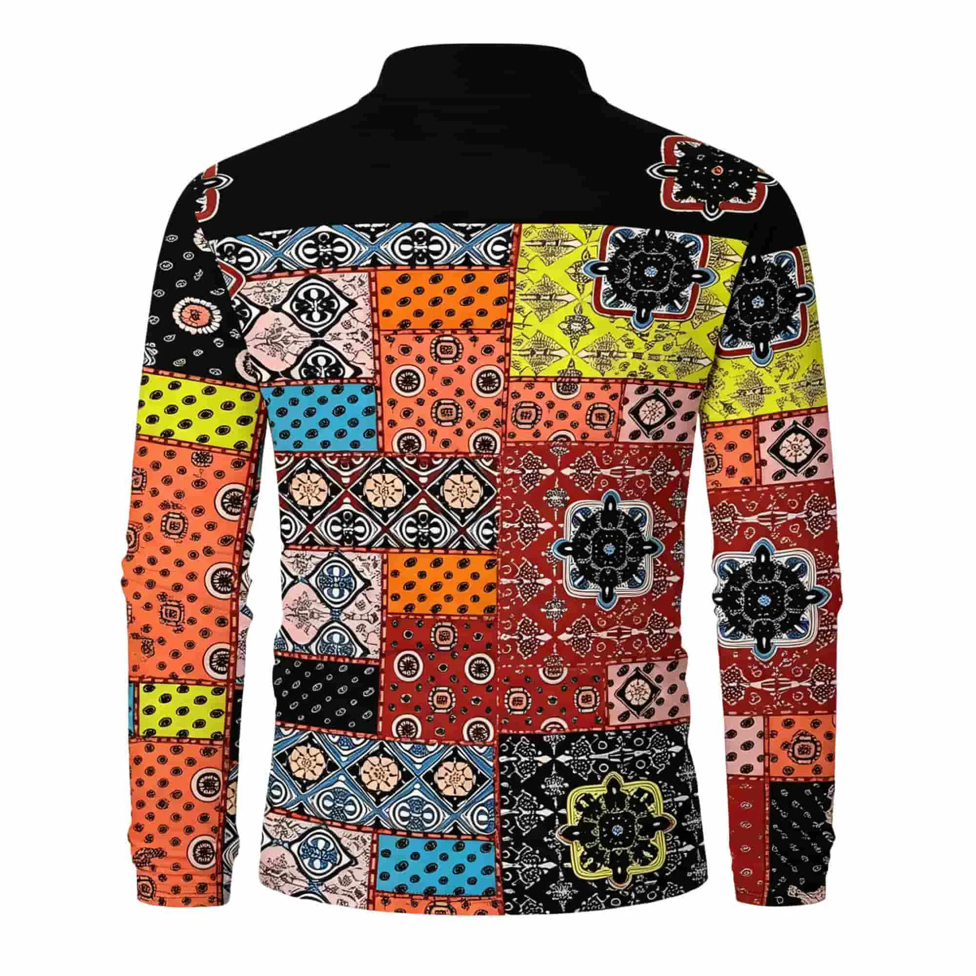 Vintage Ethnic Patchwork Tile Print Men Mock Neck Long Sleeve Shirts Colorful Bohemian All‑Over Print Pullover Tees