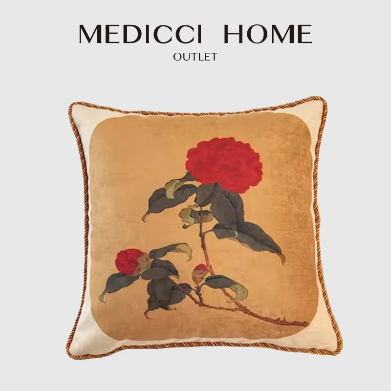 Medicci Home Oriental Traditional Painting Floral Decorative Pillow Case Luxury Antique Finish Retro Cushion Cover For Sofa Bed