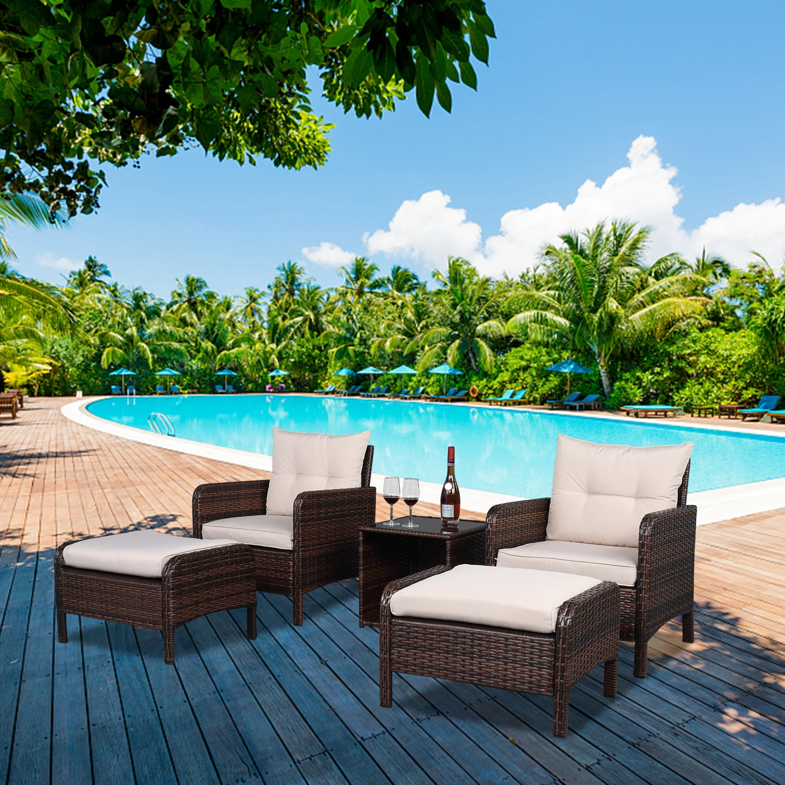 Outdoor Furniture 2pcs Single Sofa 2pcs Footstool &1pc Coffee Table Round Corner Armrests Five-Piece Rattan Set Brown Gradient