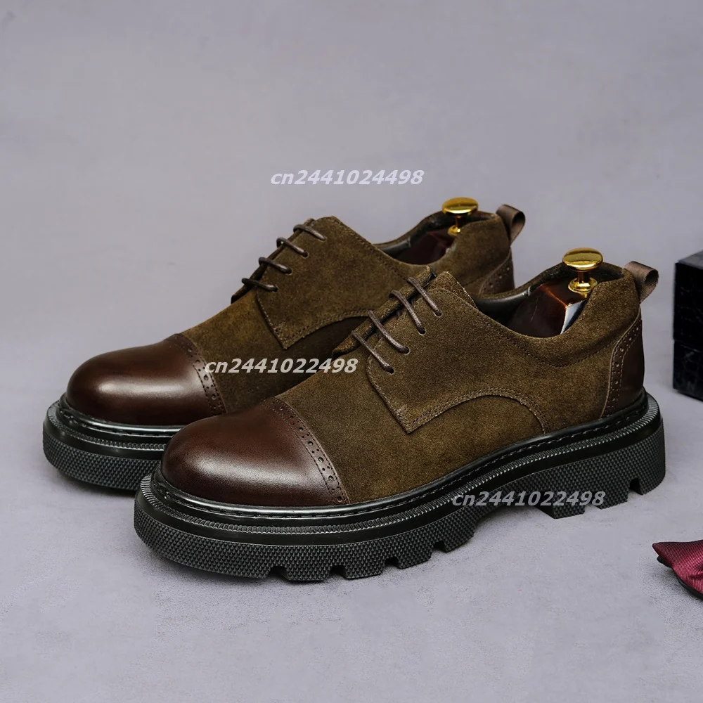 Retro British Style Chunky Thick Platform Men Lace up Derss Shoes, Patchwork Suede  Brogue Punching Detail Casual Business Shoes