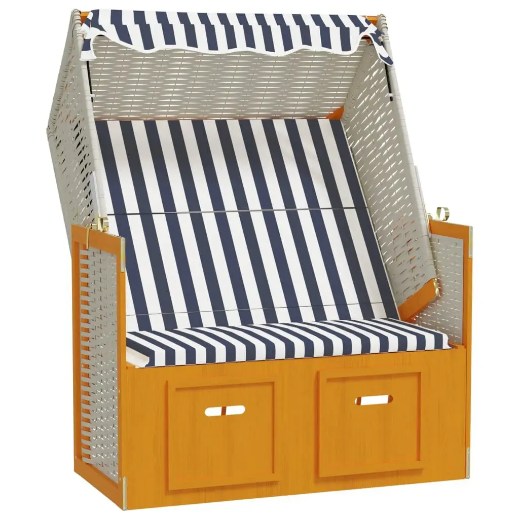 Silla de playa con techo solar, blanco/azul, polirattan/madera maciza