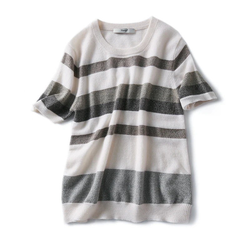 Summer New Sle Women's Ice Silk T-irt Stripe ort Sve Knitted Loose Slim round Ne Pure Cotton Thin Top Commute Sle