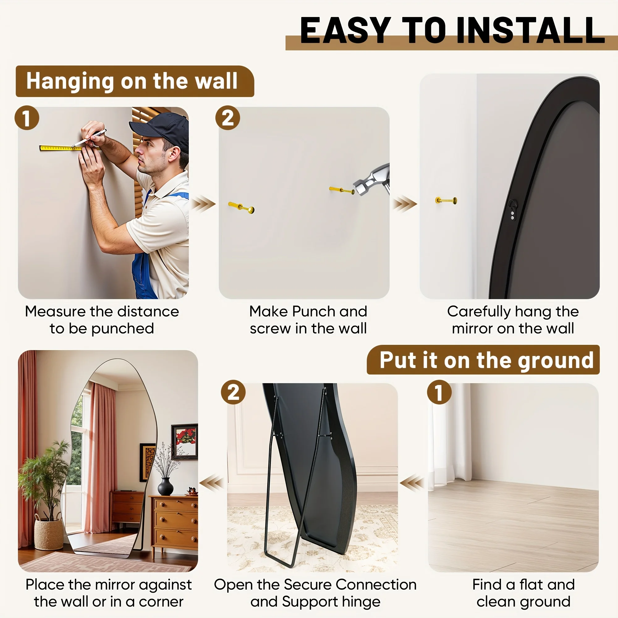Full-Length Floor Mirror with Wavy Silhouette – 76×36 in or 81×41 in Adjustable Height Stand, Brushed Metallic Frame & Clear Tempered Glass Surface for Bedroom, Living Room or Entryway Decor view 8