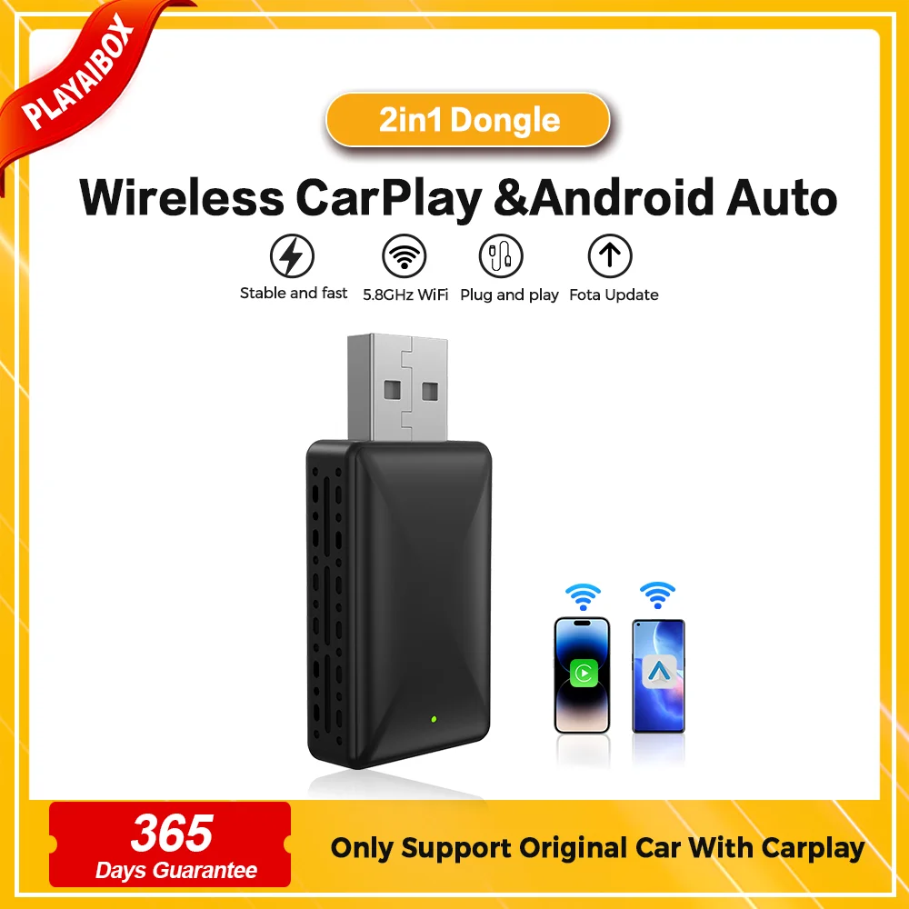 PLAYAIBOX Wireless Carplay Adapter 2in1 Dongle Wireless CarPlay &Android Auto For iPhone Android Phone Benz Audi Kia Chery Jeep