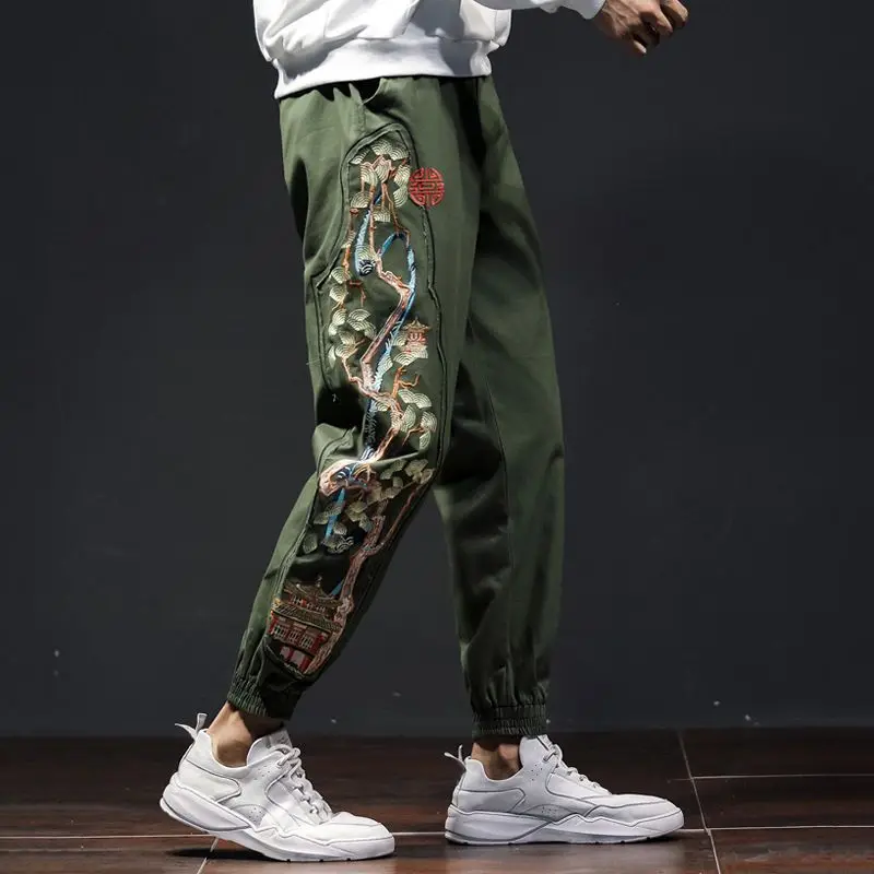 Pantalones casuales para hombre con estampado de cintura elástica, ropa bordada, bolsillos, pies atados, tendencia, combina con todo, joven, primavera, otoño, nueva moda