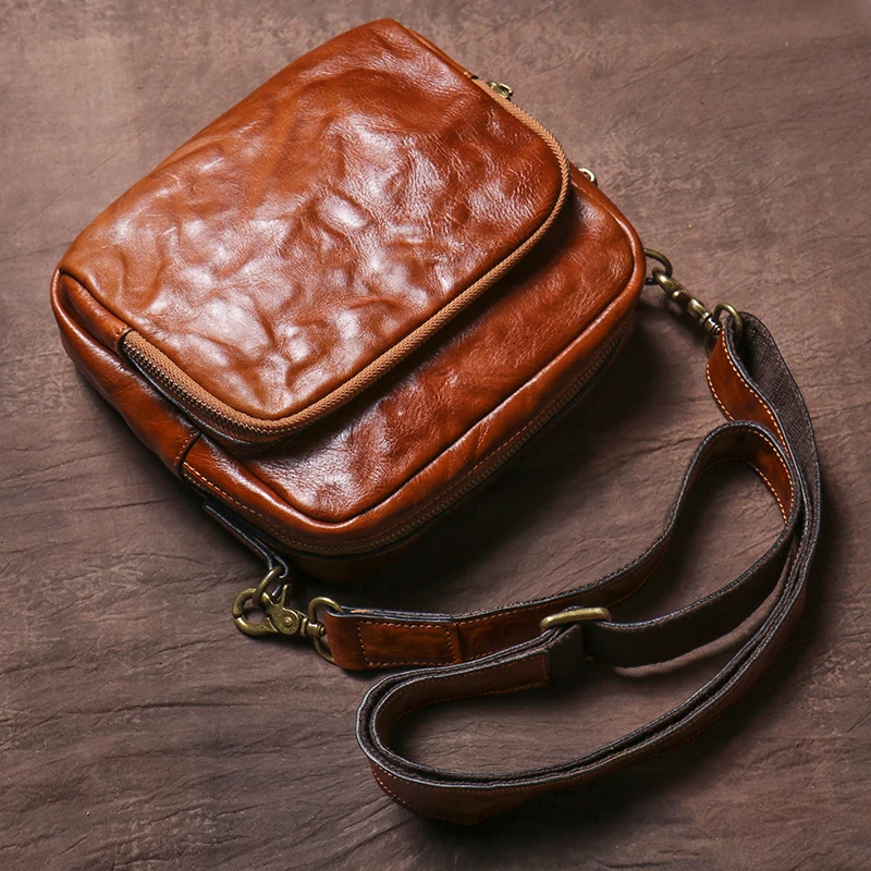 

Men's Real-Leather Bag Retro Shoulder Casual Messenger Personality Trendy Small Backpack Skeleton-Skin Handmade Waist
