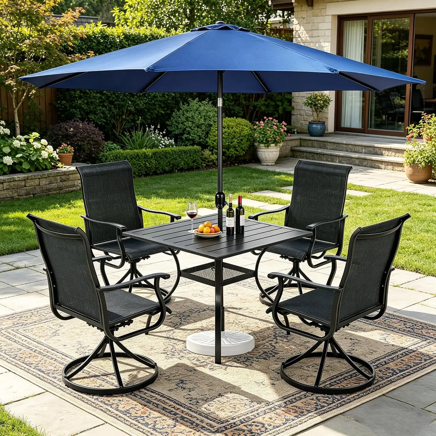 6-Piece Outdoor Dining Set 4 Swivel Textilene Chairs Square Metal Table 9Ft Umbrella Patio Garden Backyard Poolside, Customized