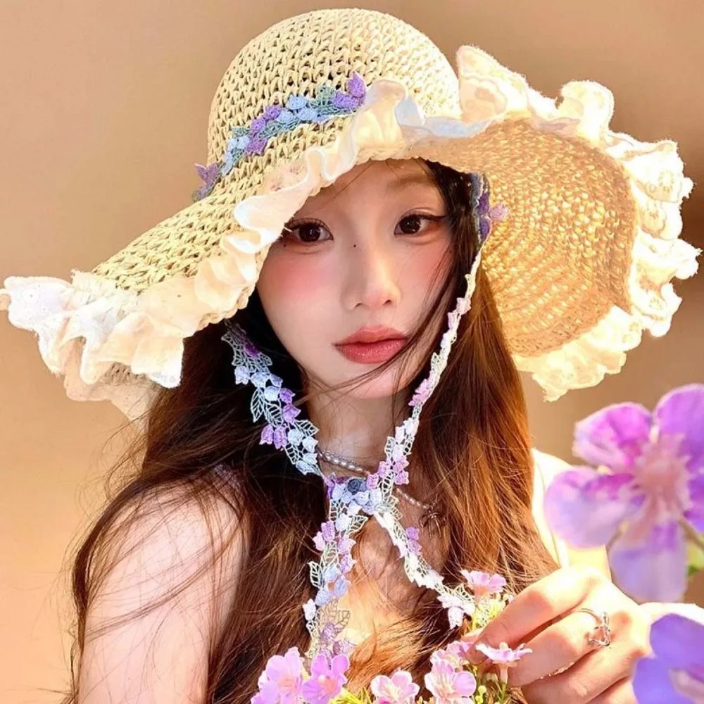 

Breathable Vacation Beach Cap Lightweight with Garland Big Brimmed Straw Hat Sombrero Sunshade Topi Woven Sun Cap Masquerade