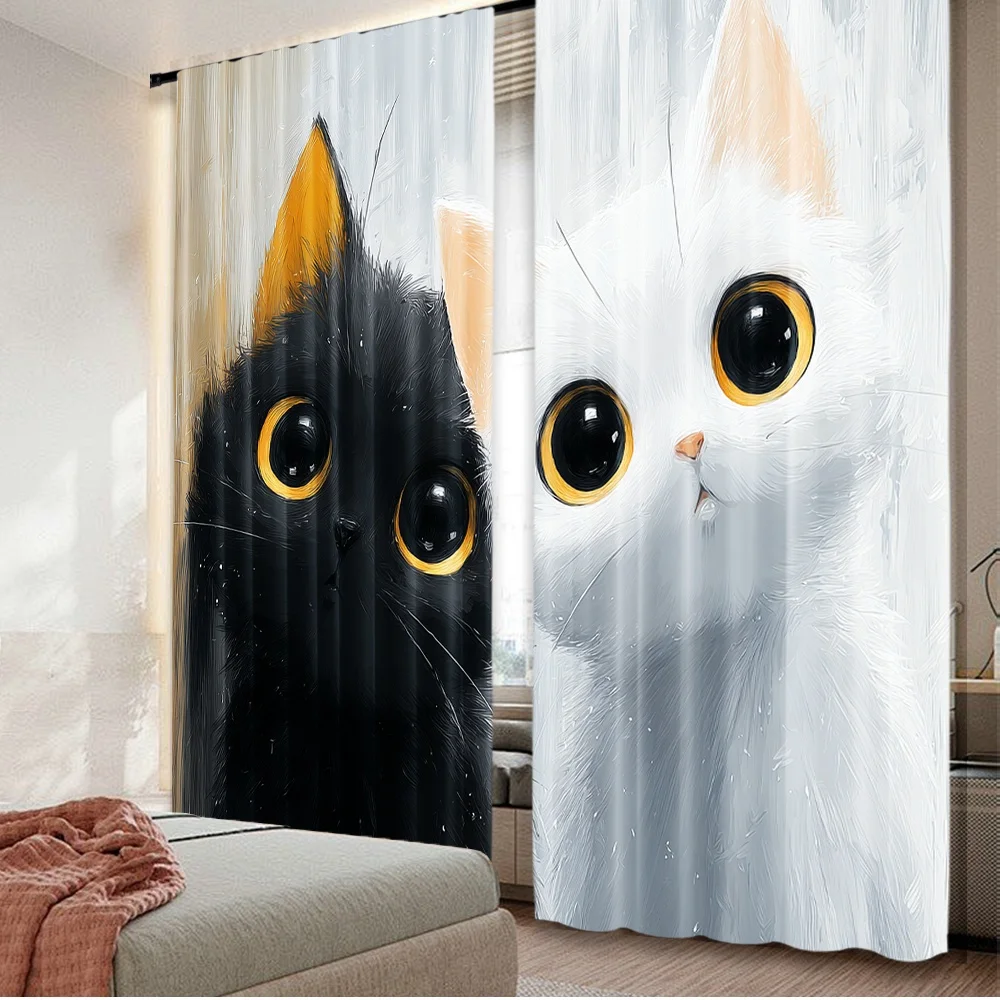 

2D flat printing 2pcs Drapes Curious Black and White Cats Digital Printed Polyester Drapes Festive Holiday for Indoor
