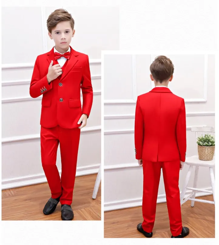 Flower Boys Formal Red Wedding Suit Kids Party Photograph Set Teenager Birthday Tuxedo Dress Children Graduation Show Costume