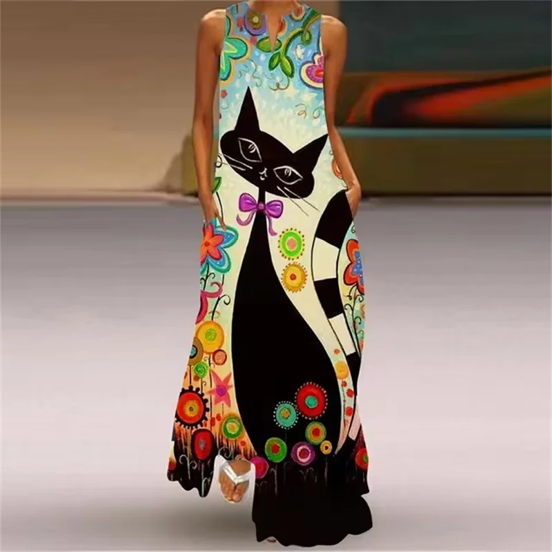 Seksowna sukienka bez rękawów z dekoltem w szpic dla kobiet Letnia moda Słodki nadruk kota z kreskówek Długie sukienki z kieszenią Maxi Dress Femme Vestidos