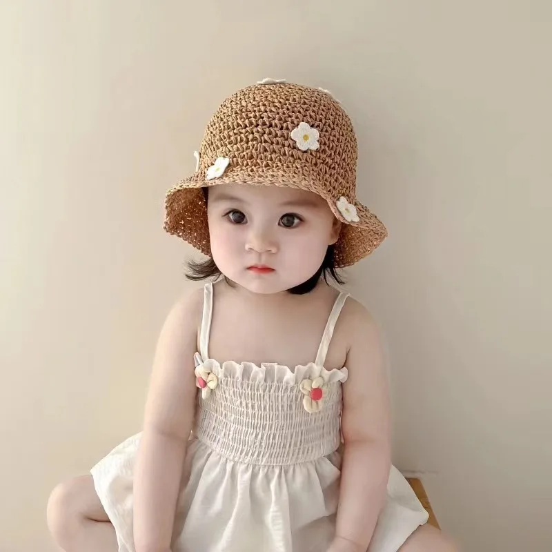 Summer Children's Grass Knitted Fisherman Hat Girl's Breathable Sunshade and Sunscreen Bucket Hat Japanese Fresh Little Princess