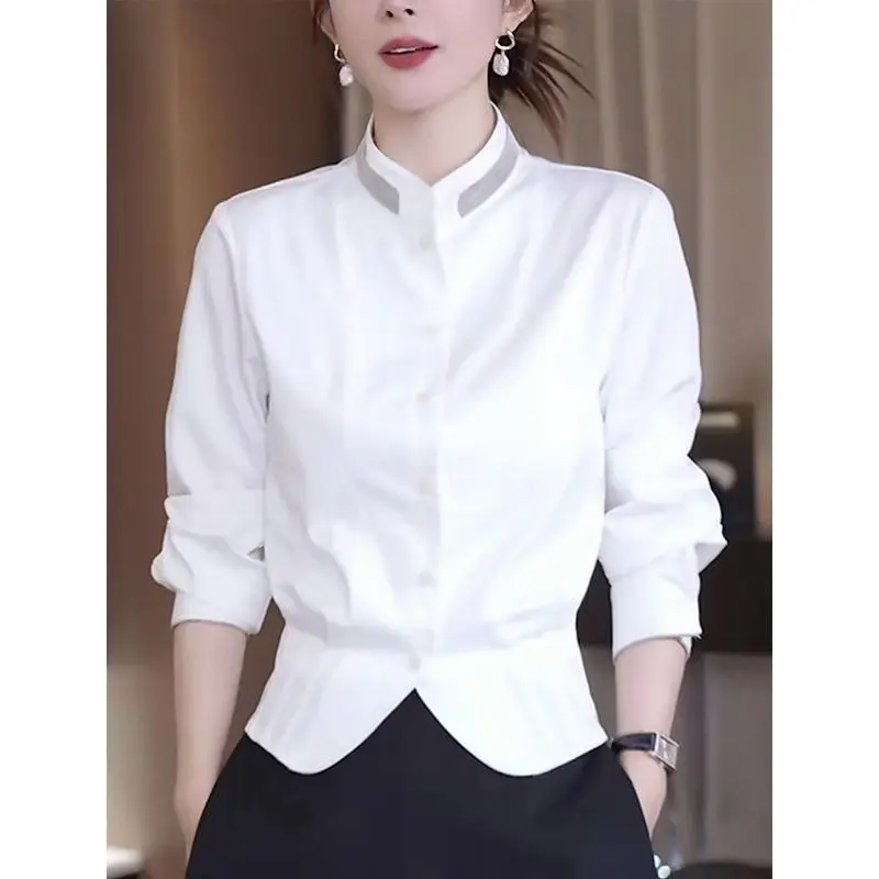 

White Casual irt Women's Autumn New Sle Premium Feel Slimming Stand Collar Waist Inward Design Comfortable Top